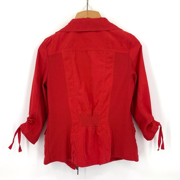 Orly Red Nylon with Ribbed Sides 3/4 Ruched Sleeves Zipper Front Jacket, 10 - Picture 13 of 16